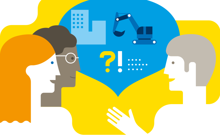 Illustration. Personer pratar om byggnader, byggmaskiner, frågor och svar.