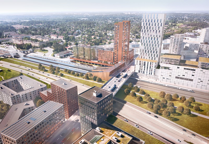 Visionsbild på framtidens Barkarby med Veddestabron