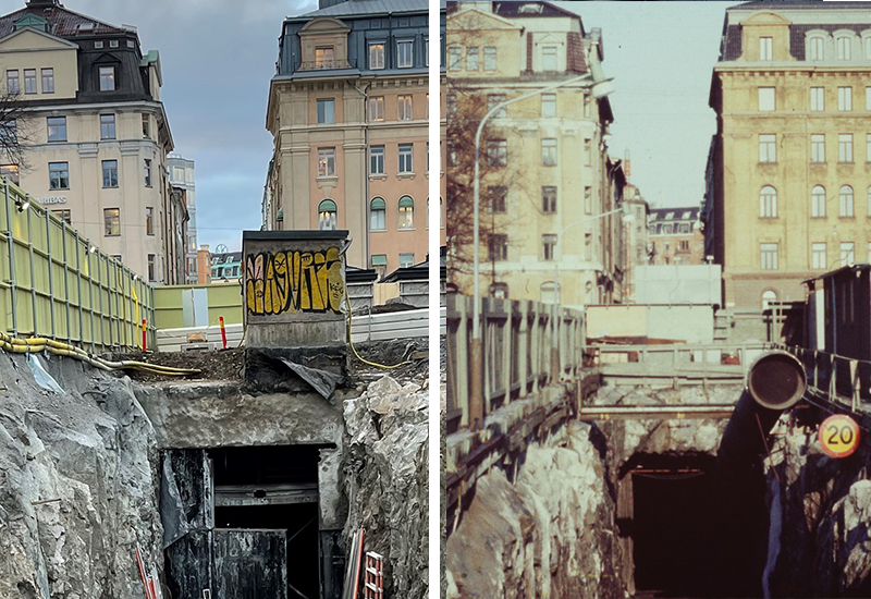 Bild från arbetstunneln på Blasieholmen på 70-talet och idag.