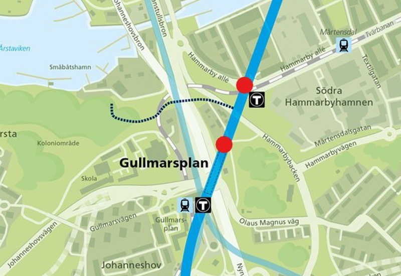 Två röda punkter på en karta visar hur vi sprängningarna har kommit. Den norra punkter är i höjd med Mårtensdal, Hammarby sjöstad. Den södra punkter är i Höjd med station Gullmarsplan.