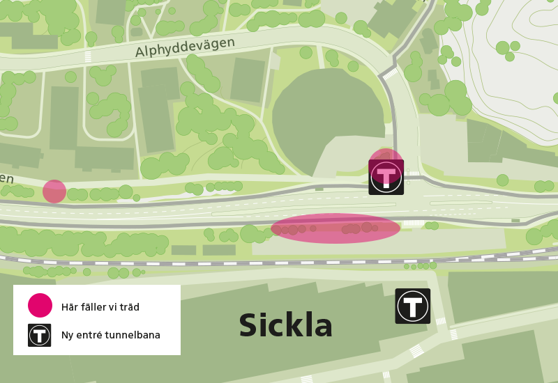 Karta som visar var vi tar ner träd i Sickla