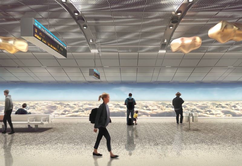 Illustration av hur Barkarbystadens station är tänkt att se ut. Människor på plattformen. Molntäcke syns på en vägg.