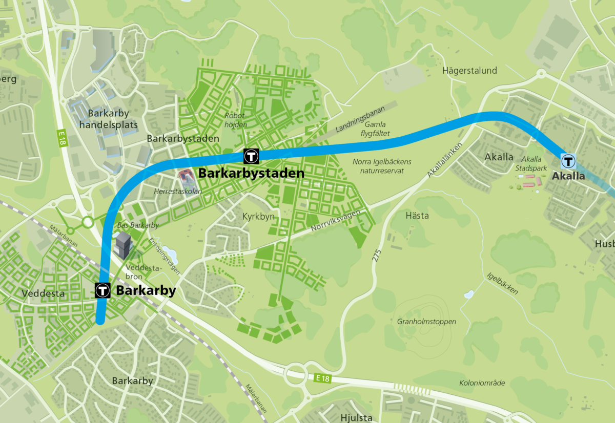 Karta över sträckan Akalla-Barkarby med stationerna markerade.