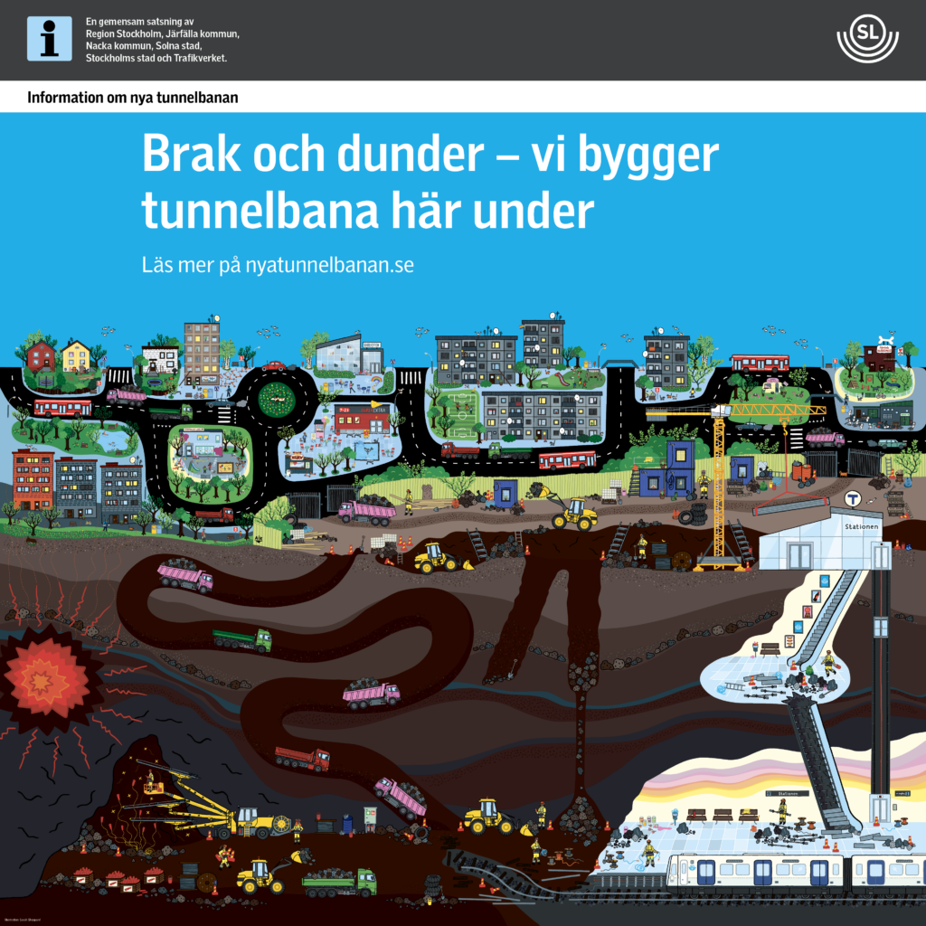 Bild på en affisch för barn som visar hur man bygger tunnelbana och vad som händer under jord.