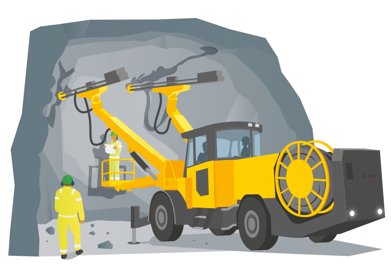 Illustration av en borrigg. En stor maskin som borrar hundratals hål införa varje sprängning.