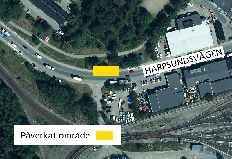 Kartan visar vägarbeten i Harpsundsvägen i Högdalen