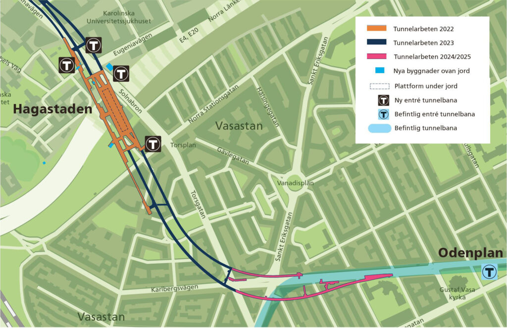 Karta som visar hur tunnelarbetet i Hagastaden kommer att utvecklas under åren 2022-2025.