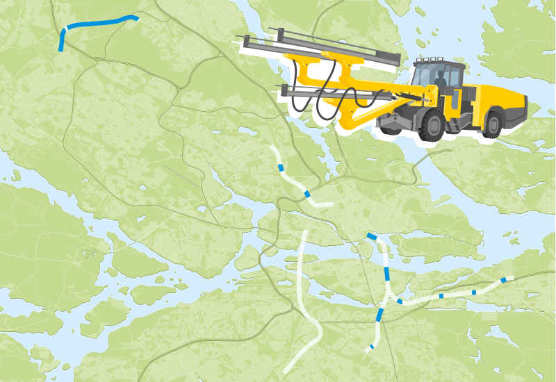 karta med färdga tunnlar och en inklippt borrigg