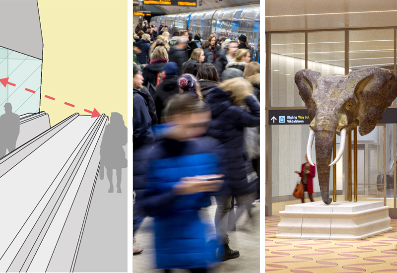 Kollage: Illustration från rulltrappa, människor på tunnelbaneperong, visionsbild av nya station Nacka