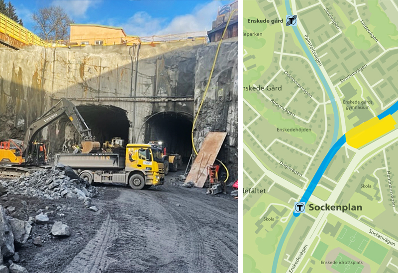 Kollage: Bild grävmaskin som lastar berg på en lastbil framför två tunnelöppningar.
