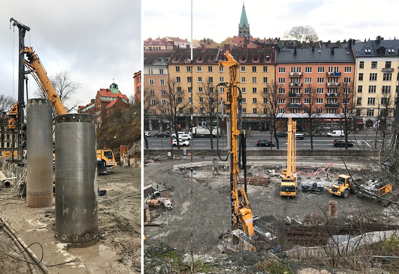 Kollage med bild på pålar som gjuts och Stigbergsparken från Stigberget.