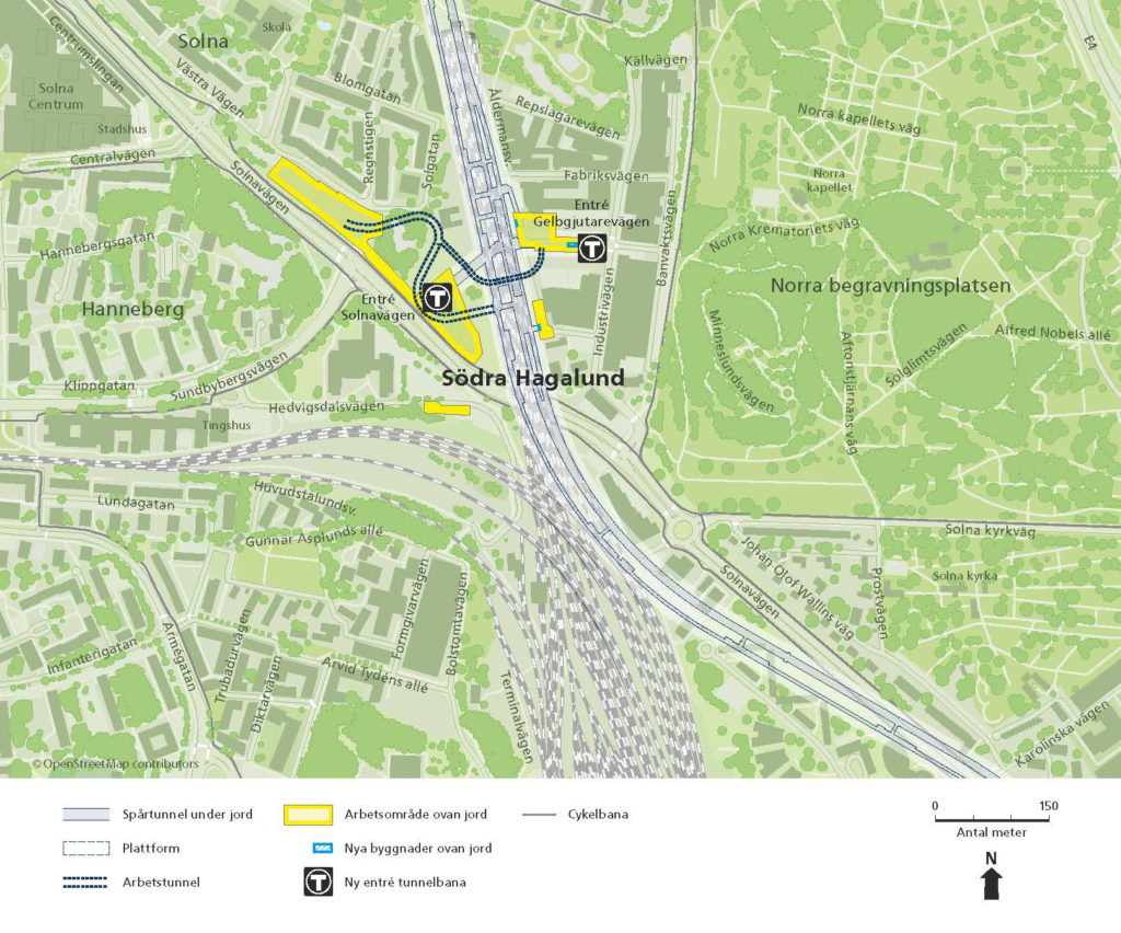 Kartan visar arbetsområden och framtida tunnelbaneentréer i Södra Hagalund. En entré vid Solnavägen och en vid Gelbgjutarevägen. Kartan visar också spårtunnlar och arbetstunnel under jord.