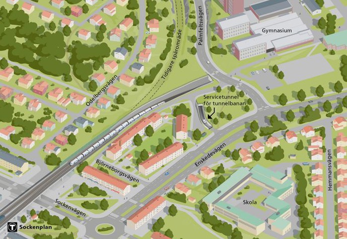 Den nya bilden visar hur tunnelbanan under jord ansluter till tunnelbanan ovan jord, vid Sockenplan.