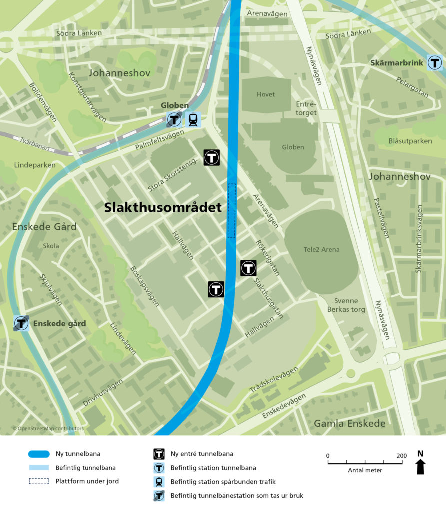 Karta över Slakthusområdet med de nya entréerna.