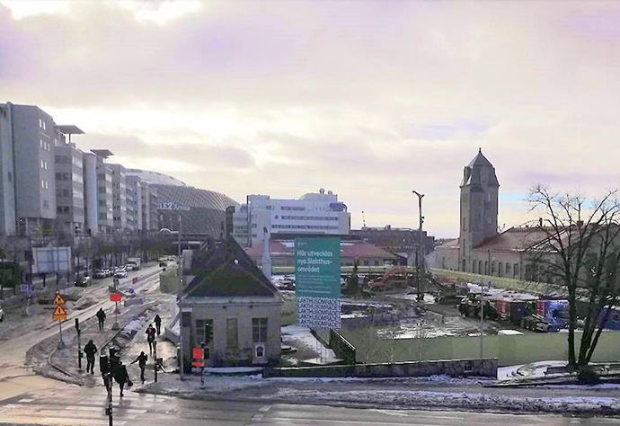 Arbetsområdet för den norra entrén i Slakthusområdet. Vy från Globens t-banestation.