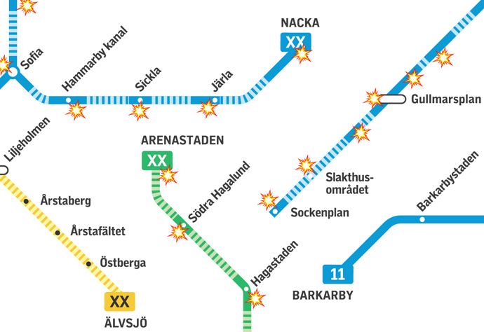 Mängden spårtunnlar som byggts ut hittils, illustrerat på framtidens spårlinjekartan.