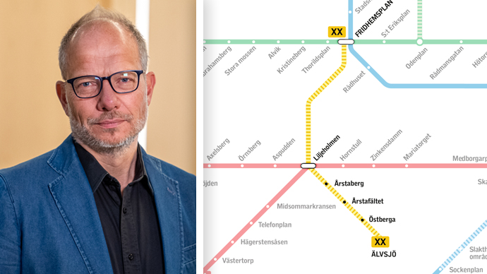 Kollage: Till höger Johan Brantmark, avdelningschef Väst. Till vänster tunnelbanans spårlinjekarta som visar framtida gula linjen mellan Fridhemsplan och Älvsjö.