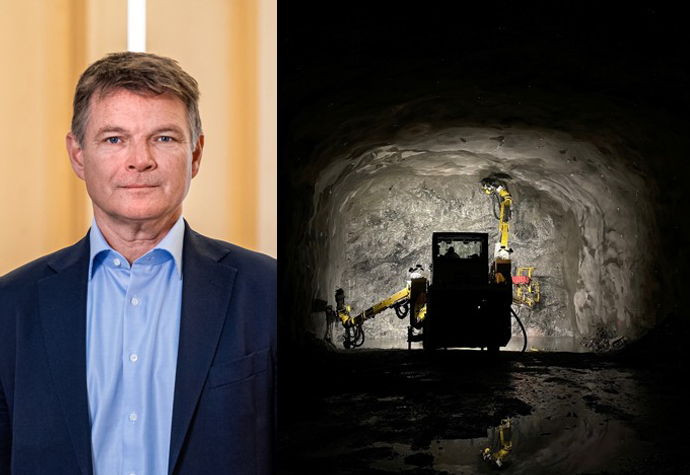 Kollage. Porträtt av Niklas Bergman i kavaj och skjorta. Borrigg upplyst i mörktunnel