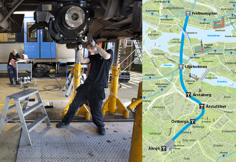 Kollage. Tåg som servas och karta över den nya gula linjens dragning.