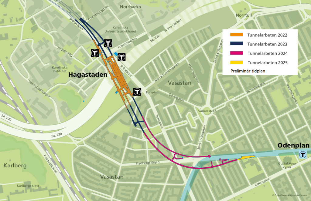 Karta som visar planerad tunneldrift från Hagastaden till Odenplan fram till år 2025.