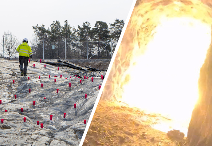 Kollage: Till vänster ett berg ovan jord som preparerats för laddning. En person i gul byggjacka går på berget. Till höger en explosion i en tunnel. Starkt gult ljud fyller upp tunneln.