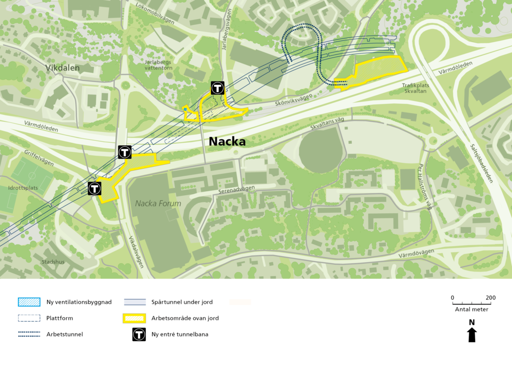 Karta som visar tunnelbanans arbetsområden vid station Nacka.