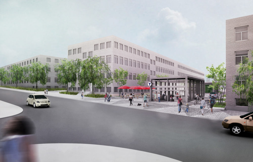 Visionsbild som visar station Södra Hagalunds framtida entré vid Gelbgjutarevägen i Solna. 