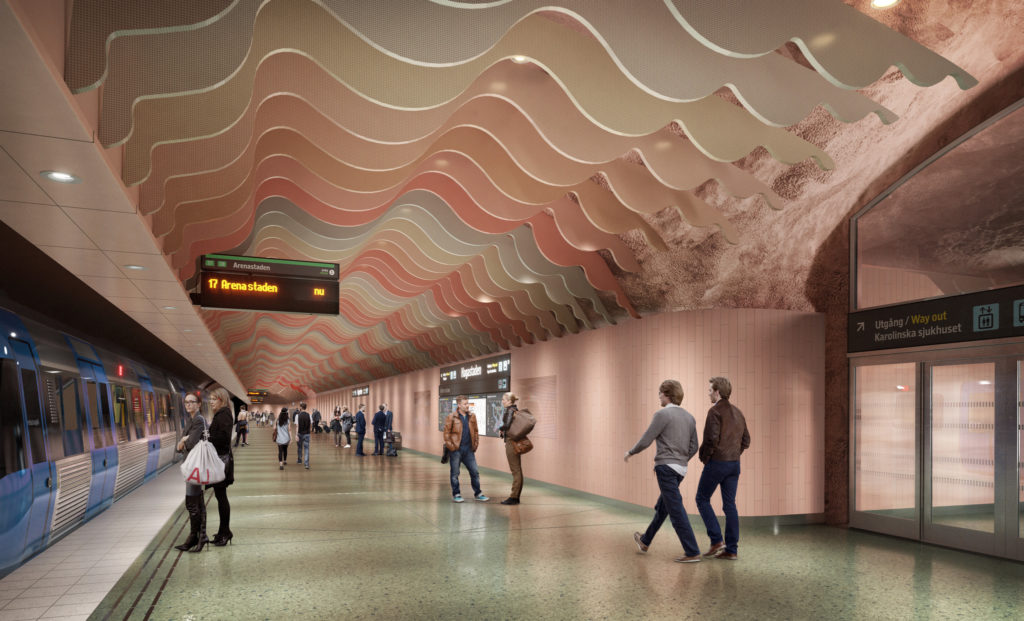 Visionsbild som visar en tunnelbaneplattform med ett vågformat tak i i rosa färger och människor som går längs perrongen.