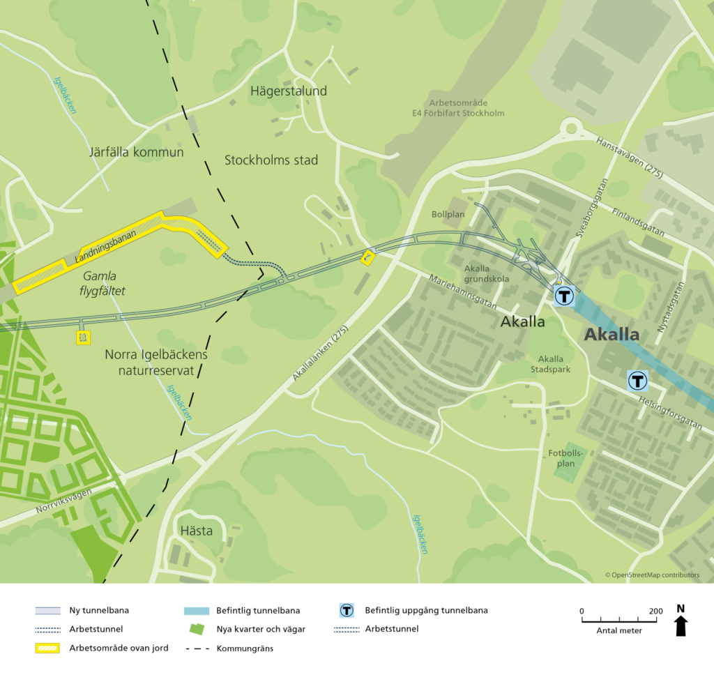 Karta över Barkarby gamla flygfält och Akalla med arbetstunnel landningsbanan och de tunnlar som byggts.