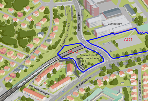 Bilden visar två arbetsområden på respektive sida om Palmfeltsvägen