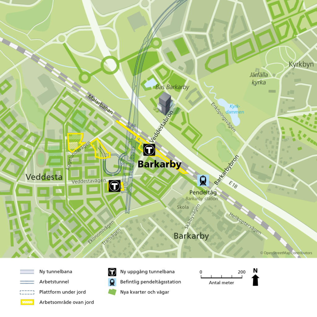 Karta över Veddesta industriområde och Barkarby stationsområde med nya tunnelbanans arbetsområden, som är markerade i gult.
