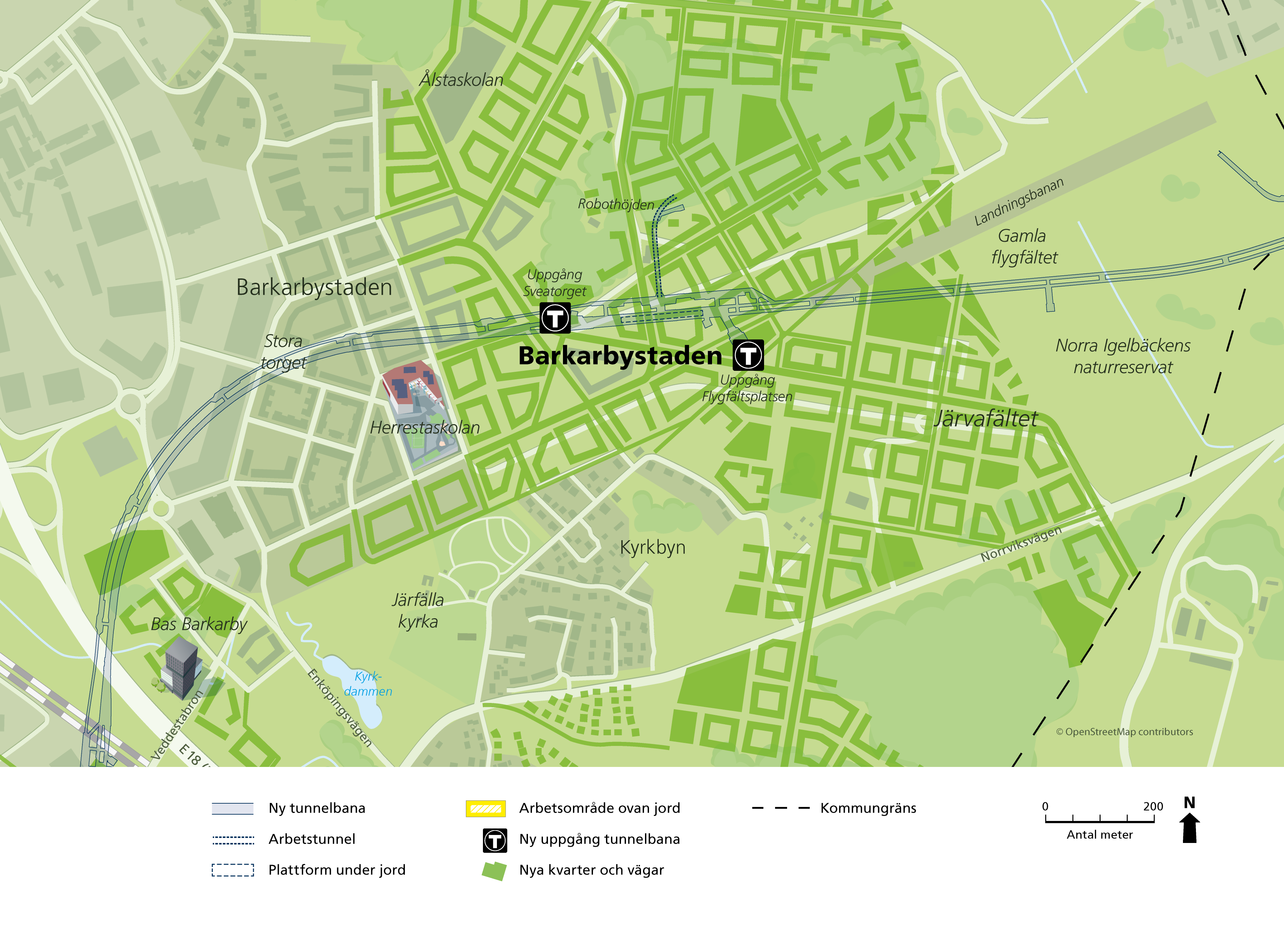 Karta som visar tunnelsträckningen genom Barkarbystaden.