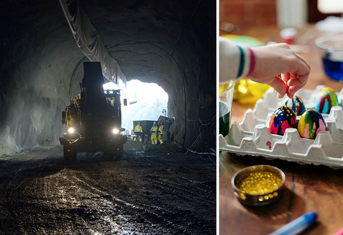 Kollage med en tunnel med en arbetsmaskin och en bild med målade ägg.