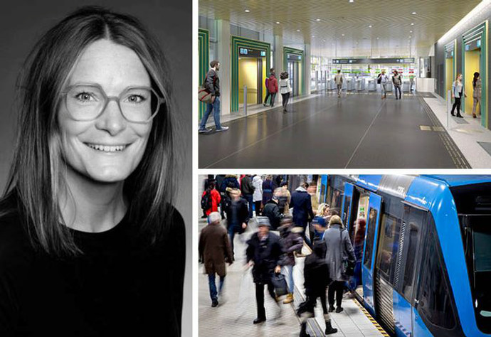 Kollage: Ett porträtt av en kvinna, en visionsbild av station Sofias entré, ett tunnelbanetåg står på en plattform och resenärer kliver av och på.