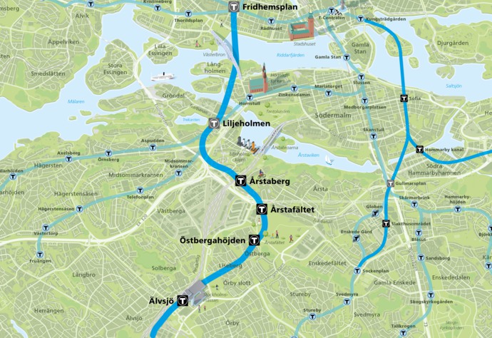 Karta som visar den gula linjen mellan Fridhemsplan och Älvsjö.