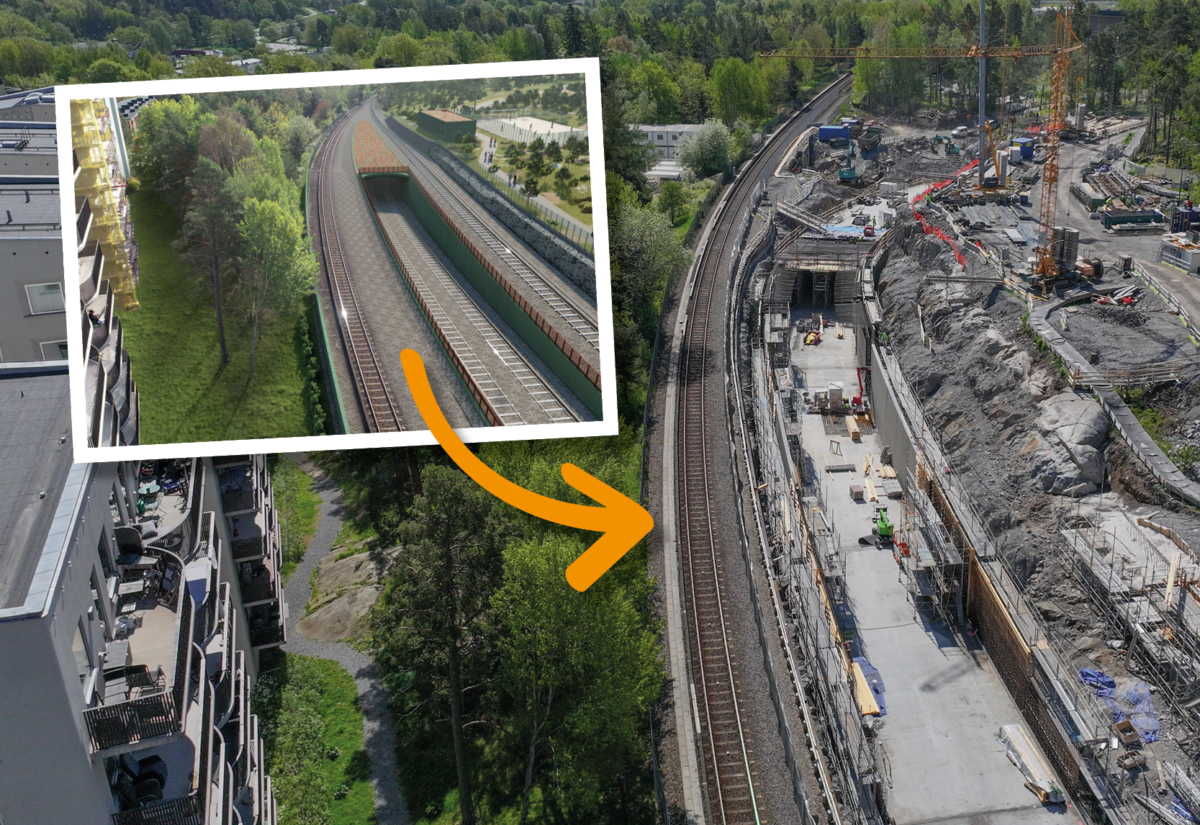 Bilden är ett kollage som visar arbetsområdet i Hökarängen sett från ovan, och en visionsbild över samma område.