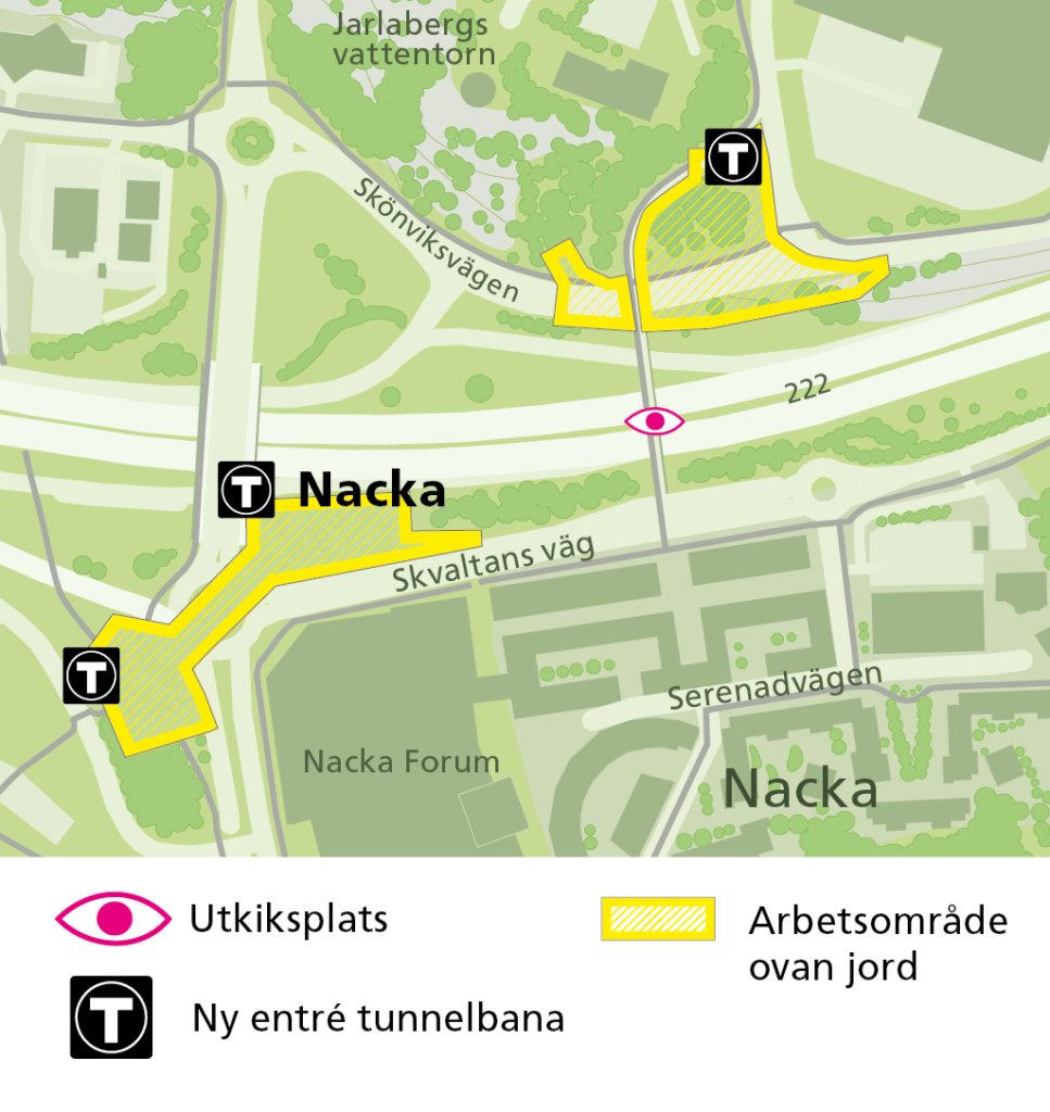 Karta som visar platser där man kan se bygget i Nacka.