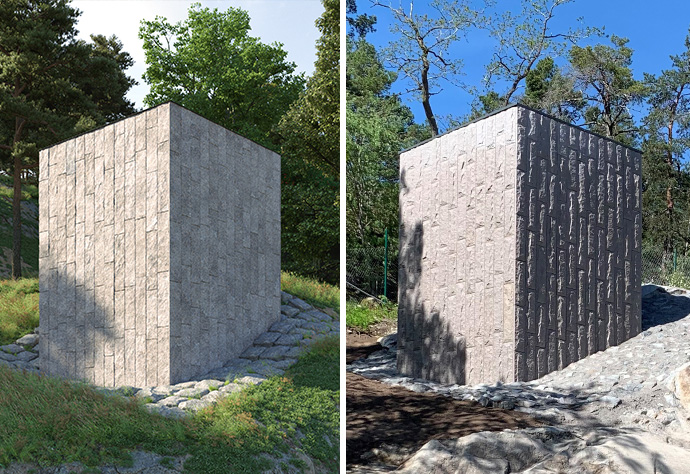 Till vänster en visionsbild på tunnelbanans ventilationsbyggnad i Järla. Till höger det färdiga resultatet.