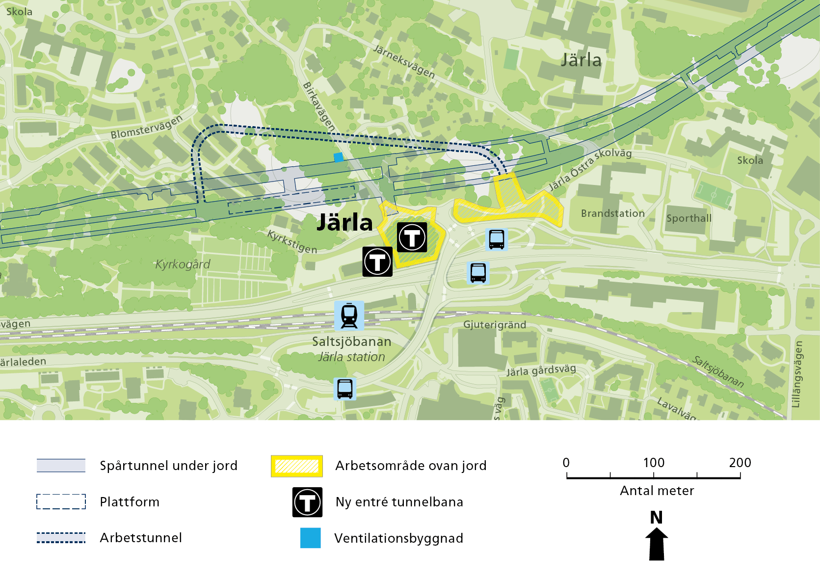 Karta som visar tunnelbanans arbetsområden och framtida entréer i Järla.