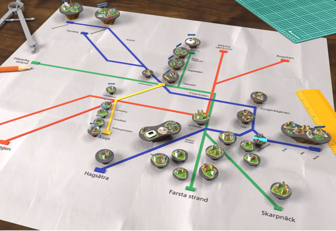 Skrämbild från filmen om hur tunnelbanan byggsut. De nya stationerna syns som små öar på den befintliga tunnelbanekartan.