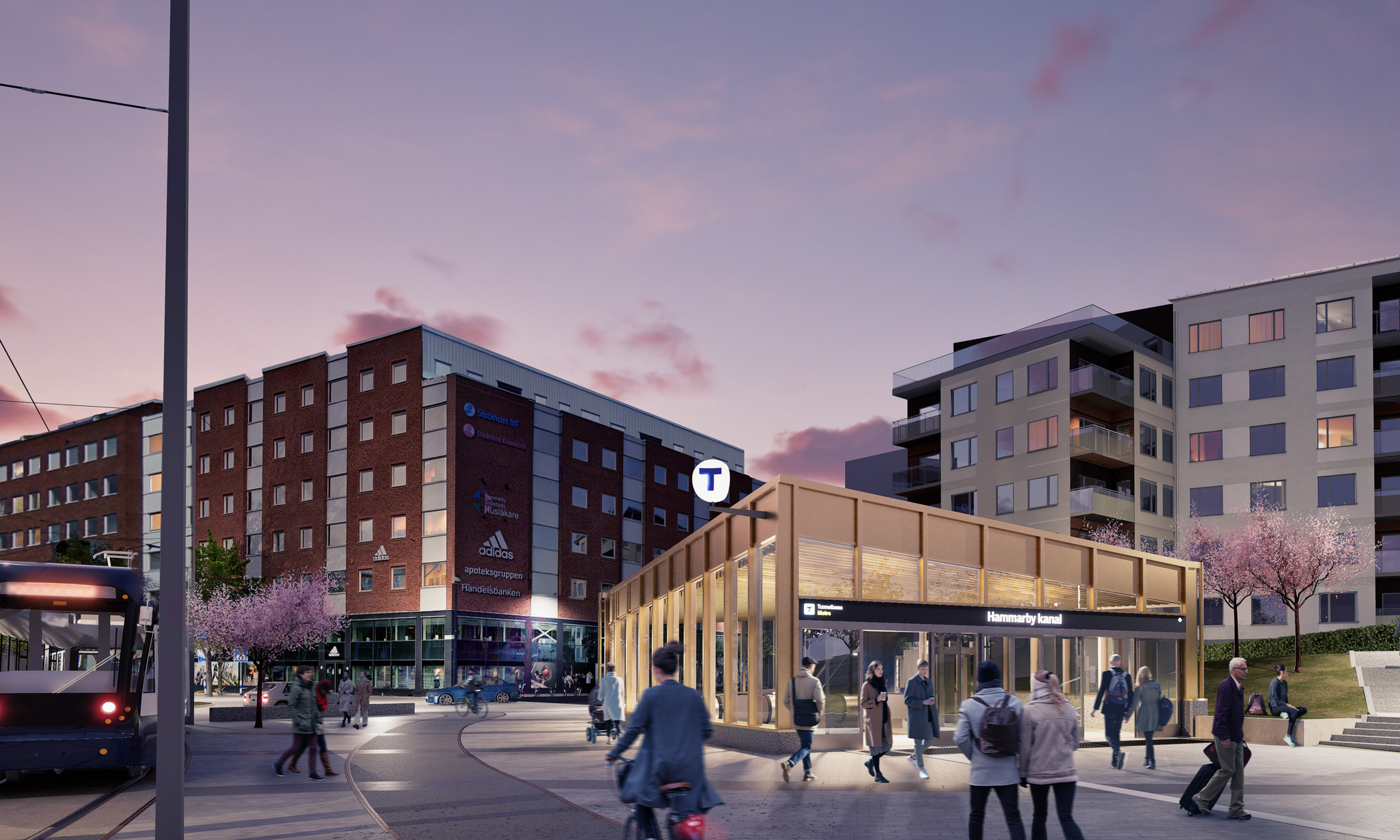 En visionsbild som visar en entré till en tunnelbanestation på ett torg.