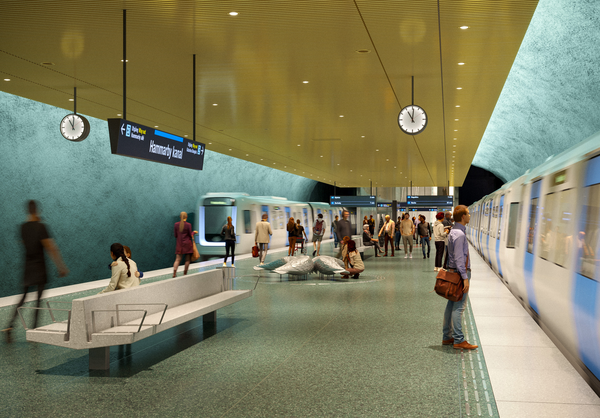 Visionsbild av Hammarby kanals perrong som visar människor som står och väntar på ett tunnelbanetåg.