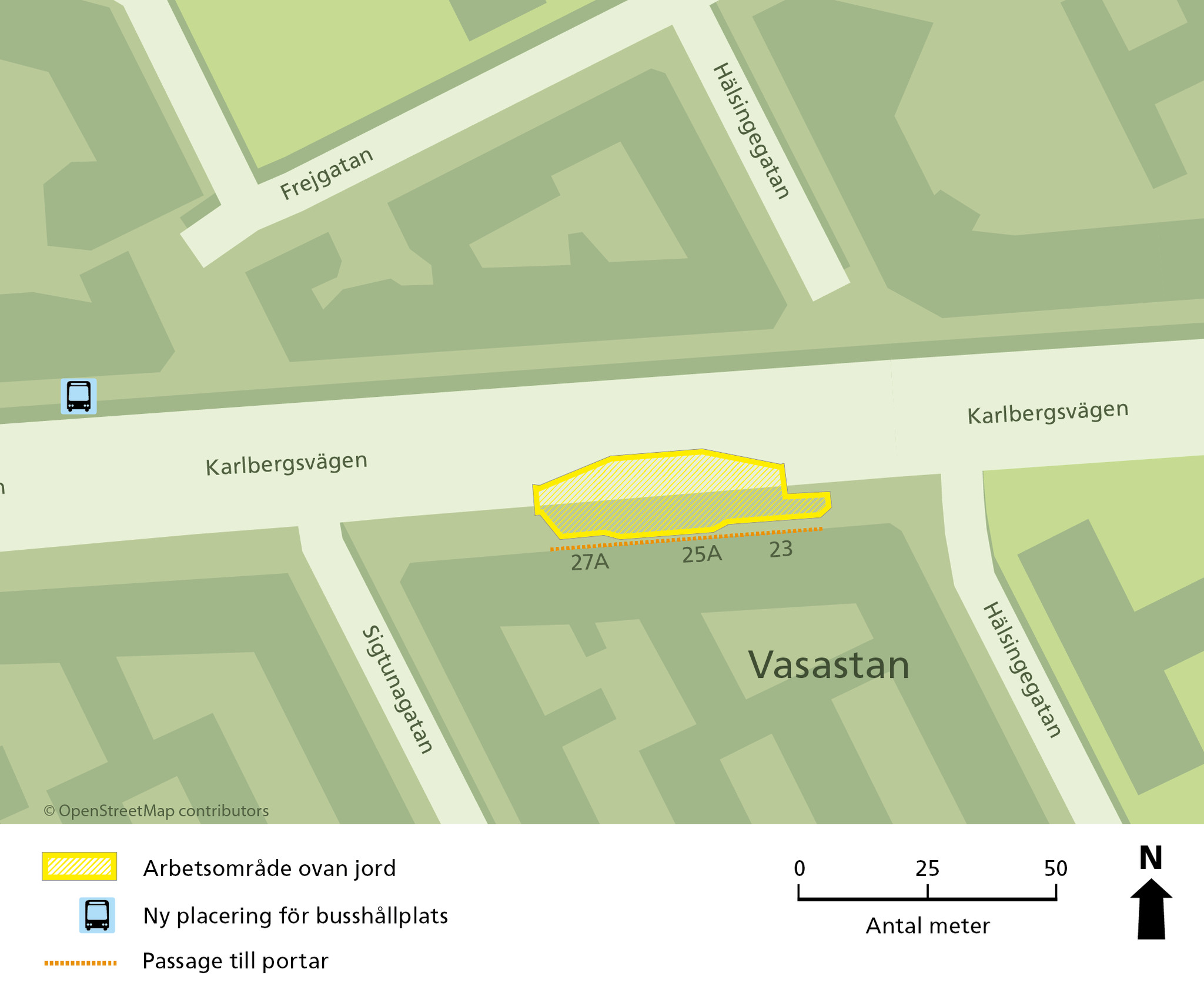 Bilden visar en karta med nya tunnelbanans arbetsområde på Karlbergsvägen 23-27 i gul färgarbetsområde