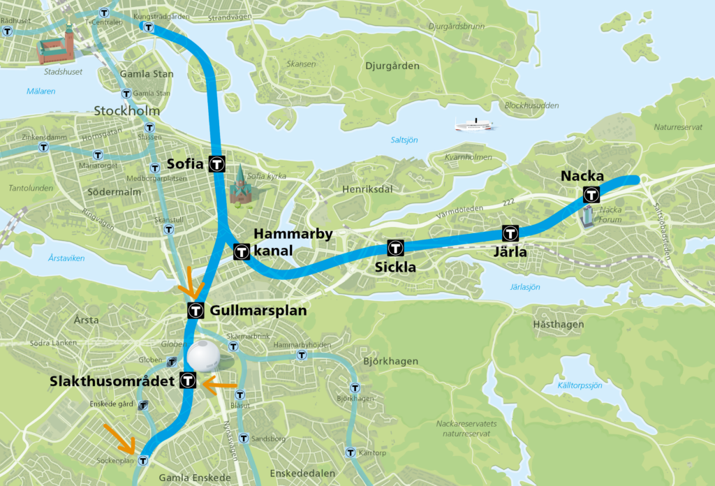 Karta där man ser blå linje till Nacka och Söderort