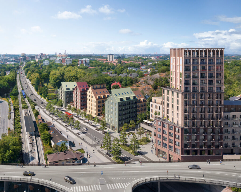 Här ses Värmdövägen i riktning mot Sickla och Stockholm. Till höger visas ett nytt torg där en entré till tunnelbanans station Järla ska ligga.