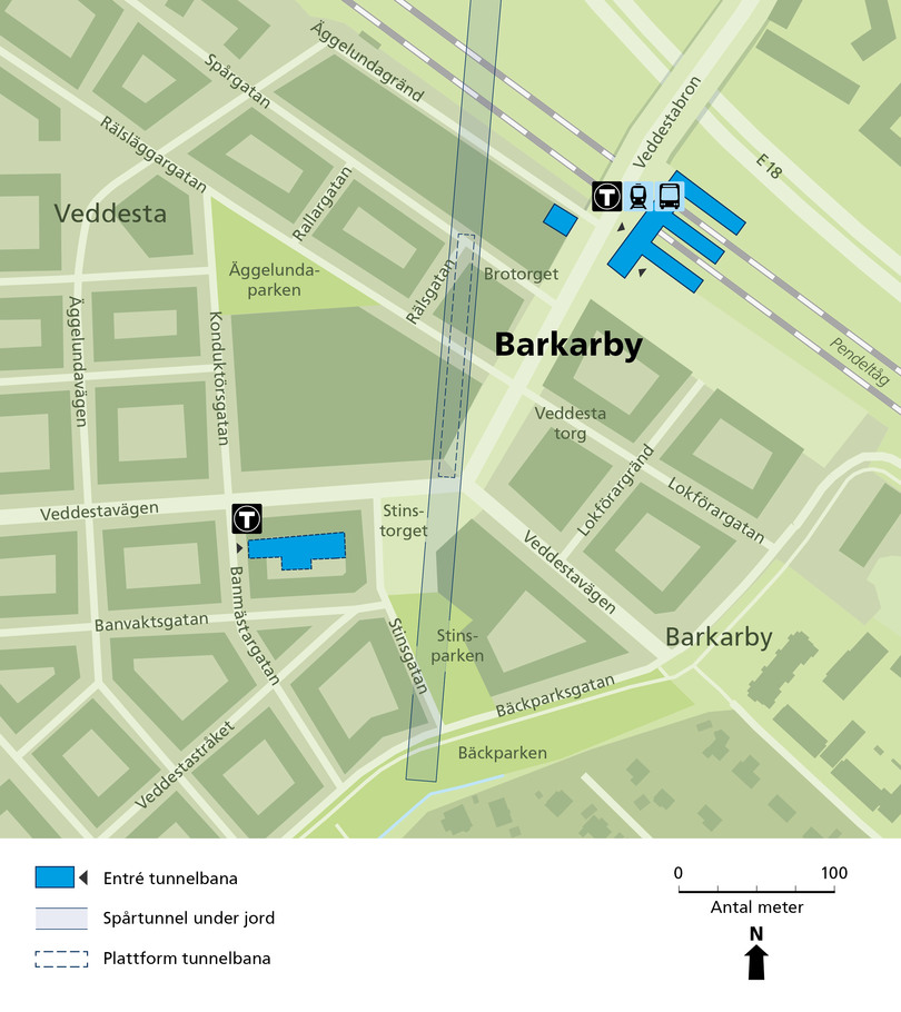 Karta över Veddesta med tunnelbaneuppgångarnas entréer markerade.