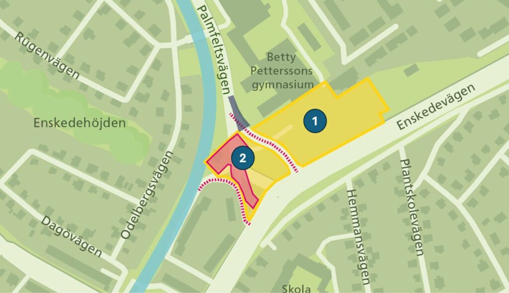 Bilden visar två arbetsområden vid Sockenplan. Det ena är märkt med en etta, det andra med en tvåa.
