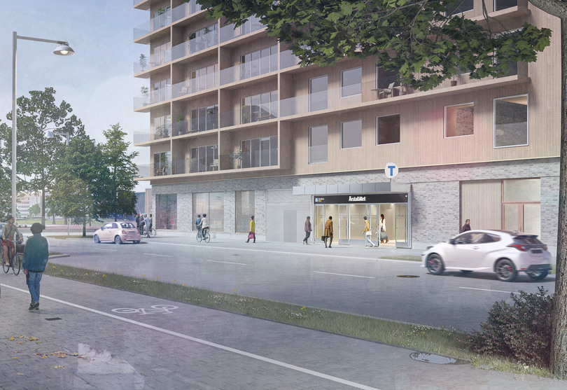En visionsbild som visar den framtida entrén till station Årstafältet.