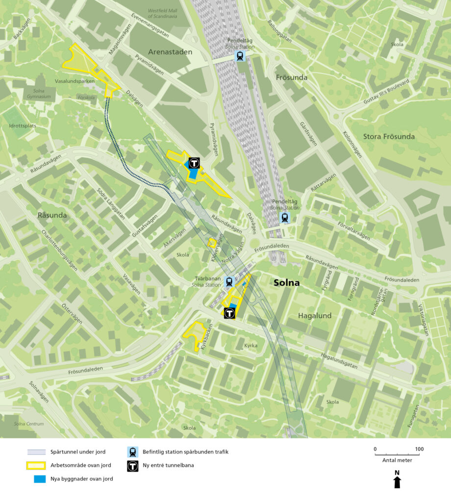 Bilden visar en karta med nya tunnelbanans arbetsområden vid Dalvägen och Hagalundsgatan i Solna